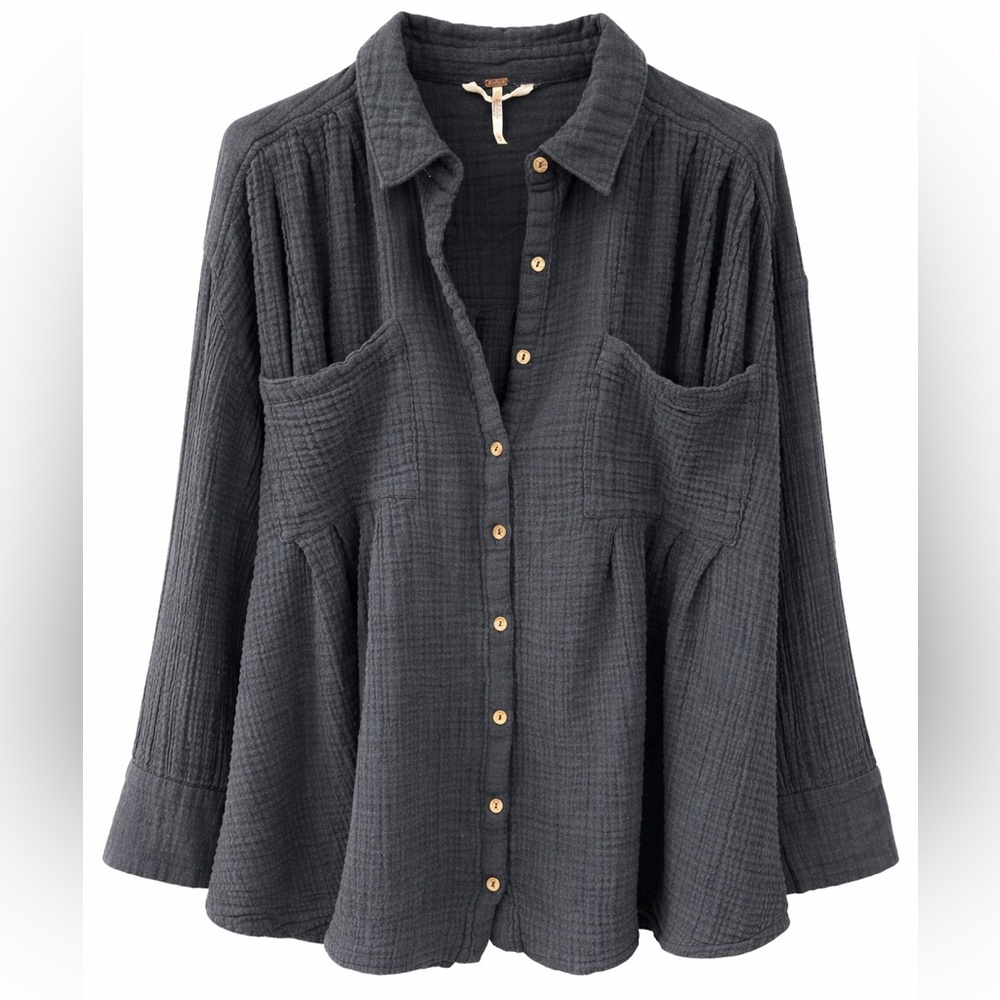 FREE PEOPLE The Voyager Shirtdress | Black | Button Front Pleated Tunic | Medium - Picture 4 of 7